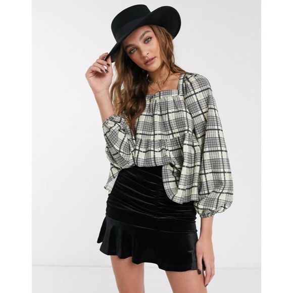 Topshop Tops - Topshop Smock Blouse in Green Check